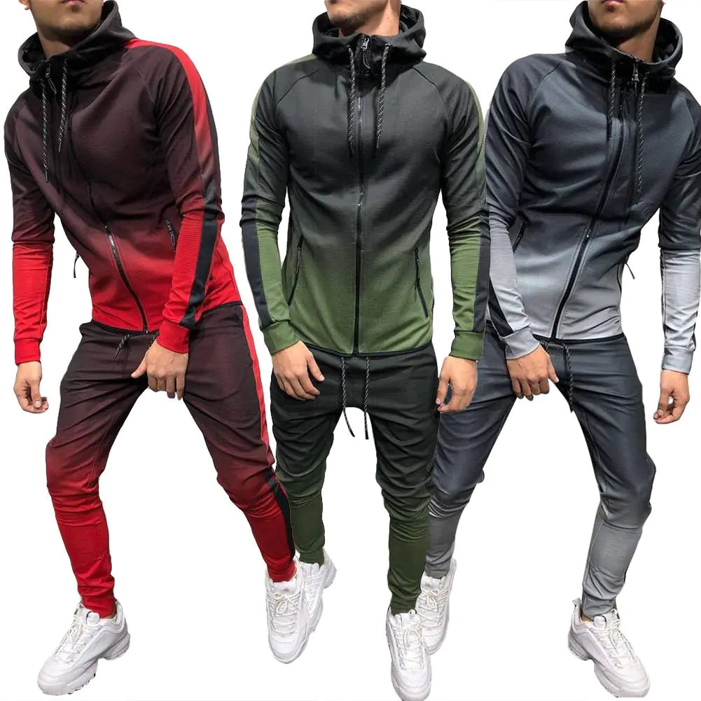 Men's Gradient Zip-Up Hoodie Casual Sportswear Set
