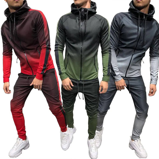 Men's Gradient Zip-Up Hoodie Casual Sportswear Set