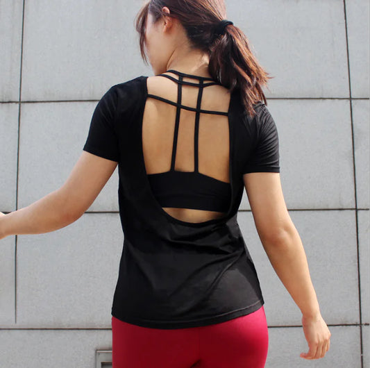 Backless Short Sleeve T-Shirt, Quick-Dry Yoga Top