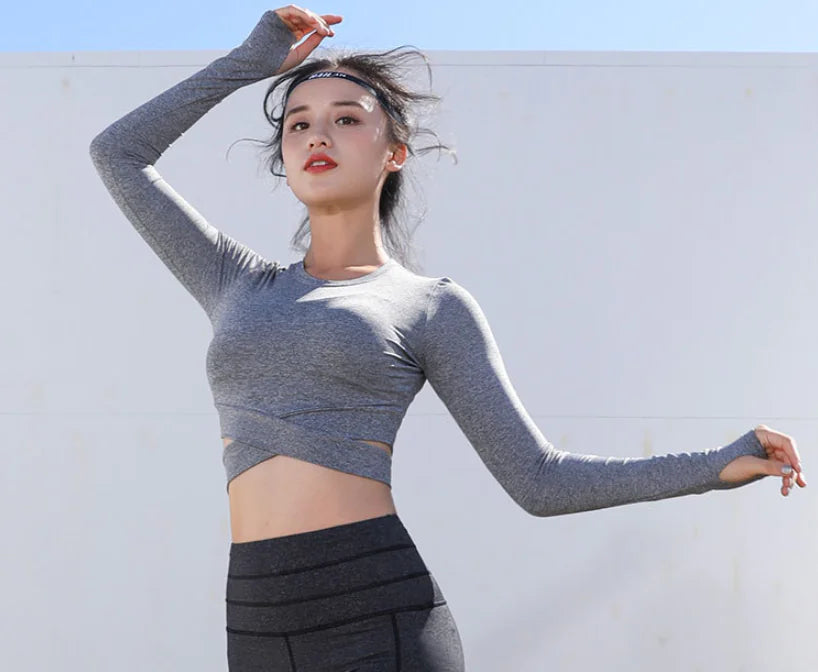 Women's Long Sleeve Cross Yoga Top - Quick-Dry Fitness Shirt