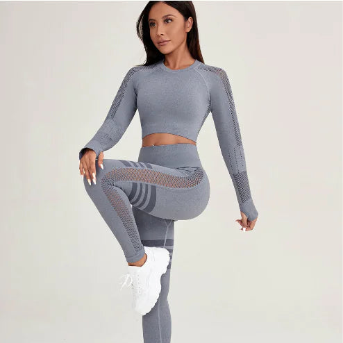 Seamless Yoga Outfit Set with Long Sleeve Top and High Waist