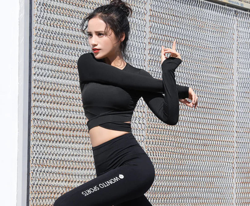 Women's Long Sleeve Cross Yoga Top - Quick-Dry Fitness Shirt