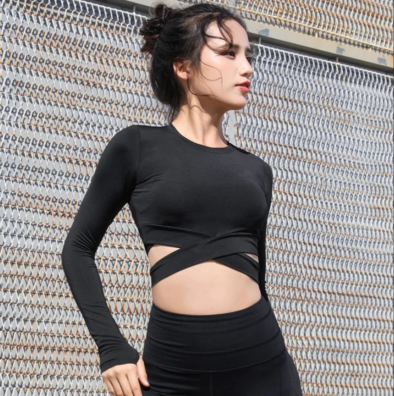 Women's Long Sleeve Cross Yoga Top - Quick-Dry Fitness Shirt